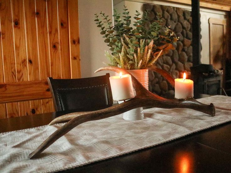 two candles are sitting on a table in front of a deer antler