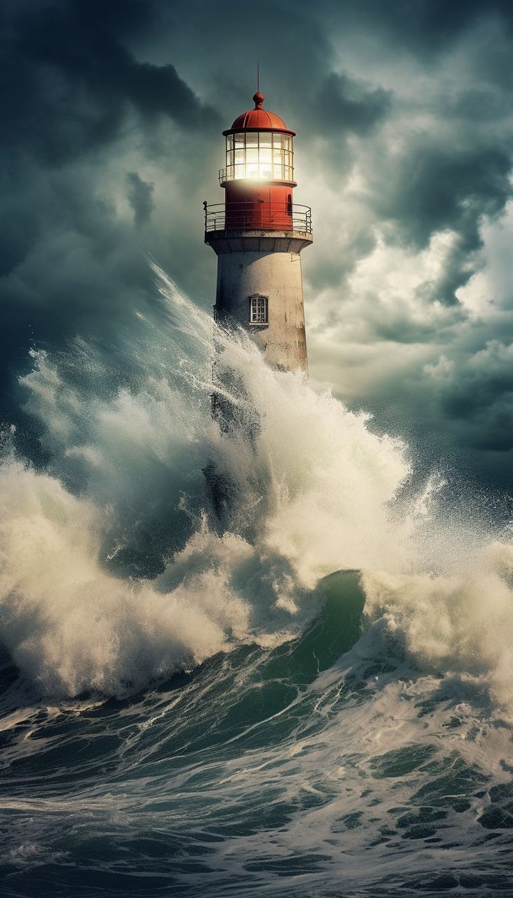 a lighthouse in the middle of an ocean with waves crashing around it and dark clouds overhead