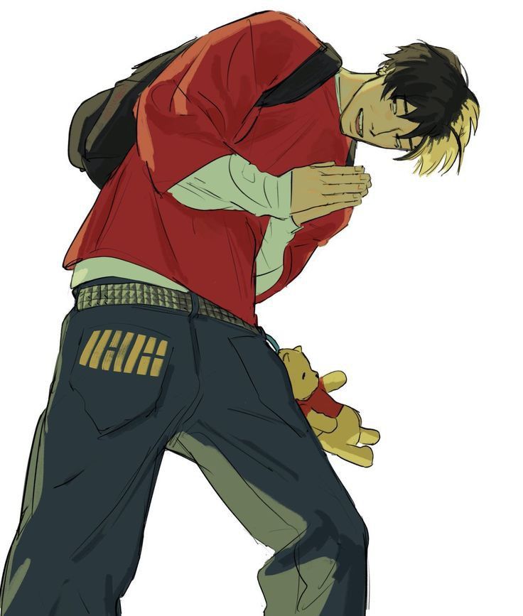 a man in red shirt and black pants holding onto another person