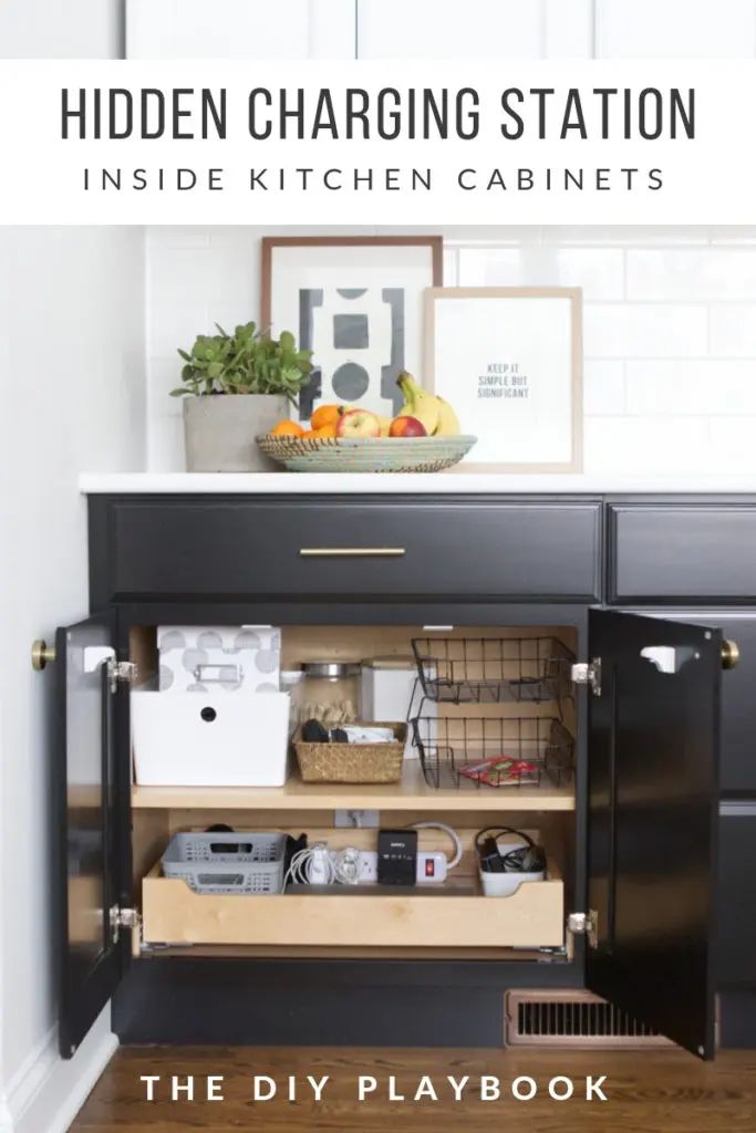 the diy playbook hidden charging station inside kitchen cabinets with text overlay that reads, hidden charging station inside kitchen cabinets