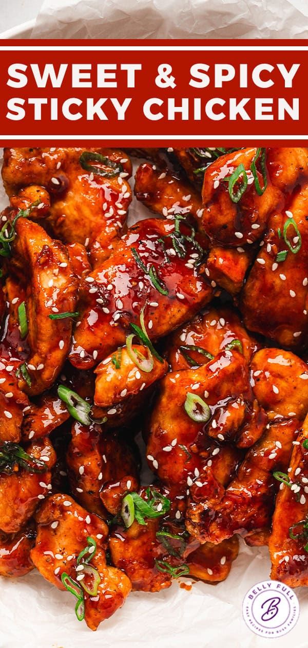 sweet and spicy chicken with sesame seeds on top