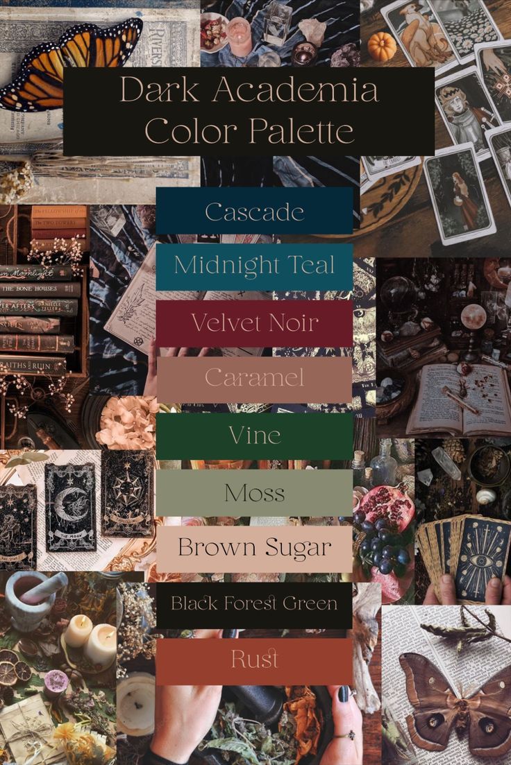 a collage of different items with the words dark academy color palette in it's center