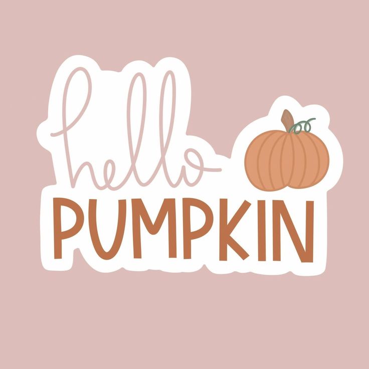 a hello pumpkin sticker with the words hello pumpkin written in brown and white on a pink background