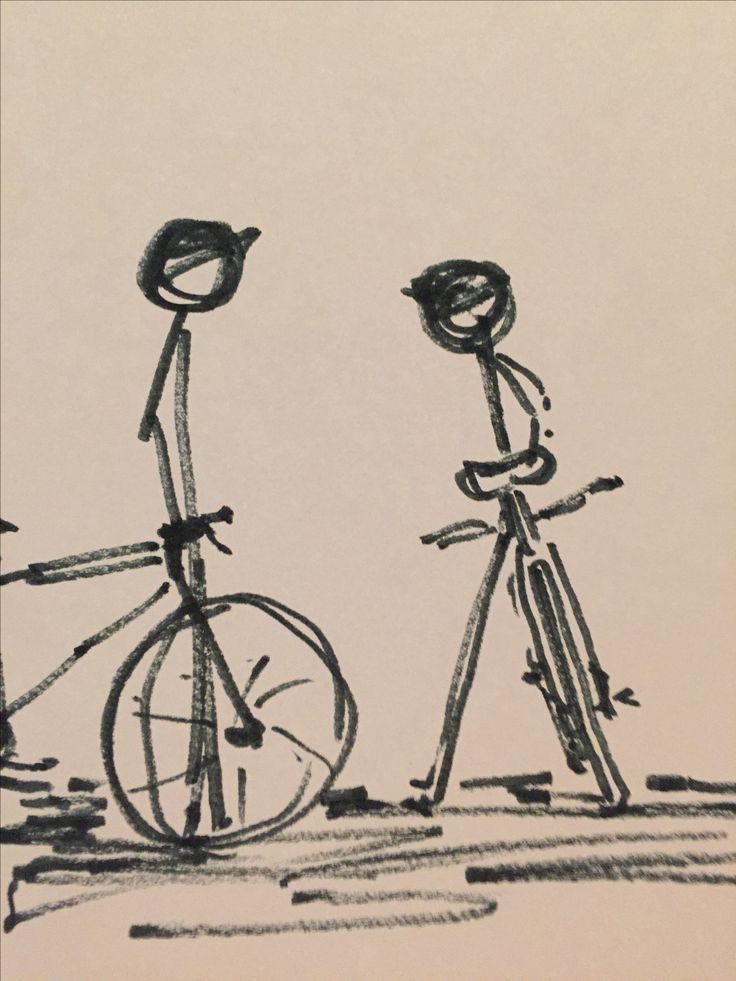 a drawing of two people riding bikes next to each other on the ground with one person standing behind them