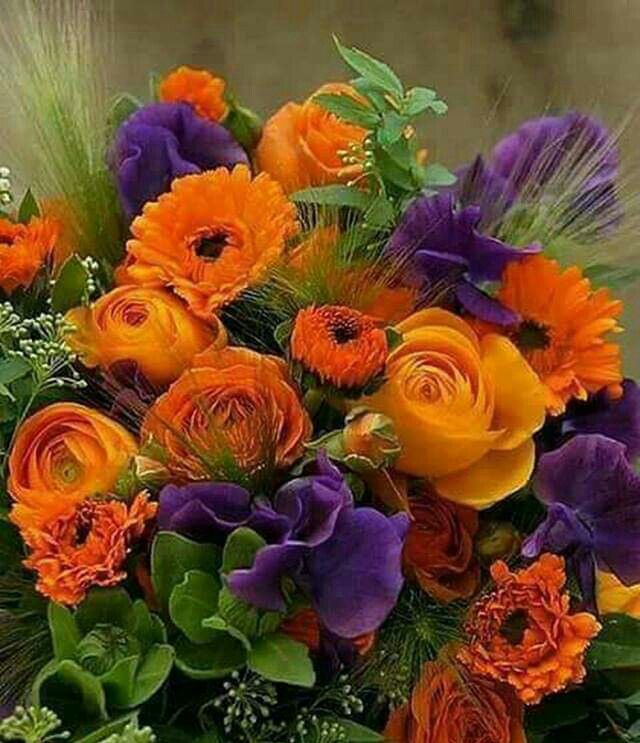 an orange and purple bouquet with green leaves on the bottom is shown in this photo