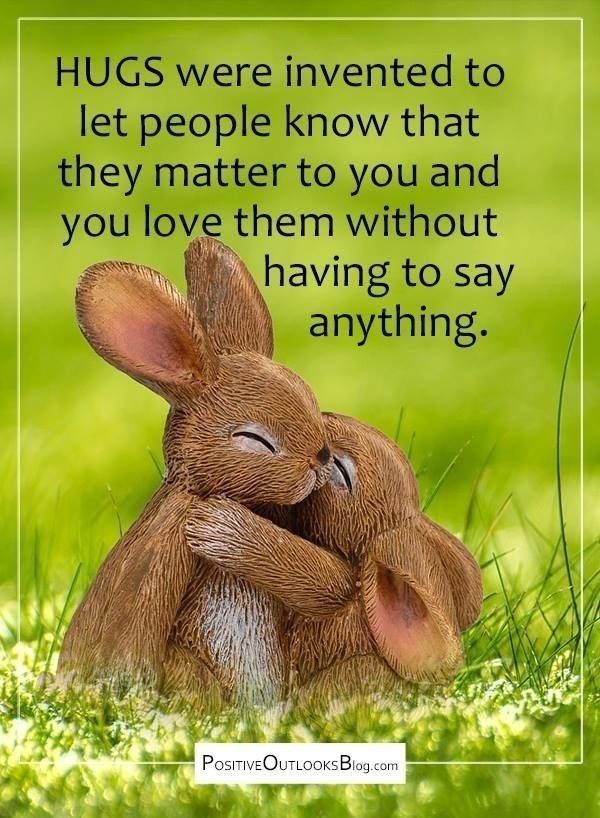 two rabbits hugging each other in the grass with a quote on it that says, hugs were