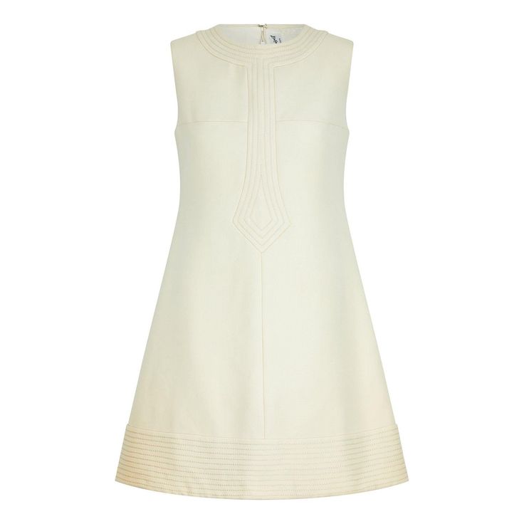 This elegant couture made 1960s dress is by Alice Boiget of Dijon and is tailored from luxurious, thick cream textured wool. Tonal running-stitch around the collar, hem and down the front creates a trompe-l'œil tunic-like effect. The mid-thigh length and A-line cut are indicative of the era in which it was made and very reminiscent of Pierre Cardin's designs. Fully lined, this classic piece fastens at the rear with a tonal zip and hook-and-eye clasp. A beautifully tailored dress is in excellent 1960s White Dress, White Retro Dress With Button Closure, White A-line Vintage Cotton Dress, Vintage Cotton Mini Dress With Buttons, 1960s White Mini Dress, 1960's Dress, Tailored Dress, Sixties Fashion, Mod Dress