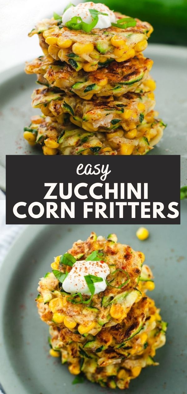 vegan zucchini corn fritters on a gray plate with text overlay