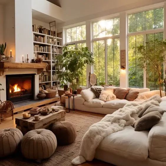 a living room filled with lots of furniture and a fire place in the middle of it