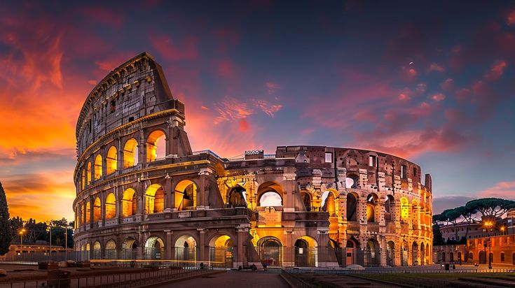 the colossion in rome is lit up at night with bright lights on it