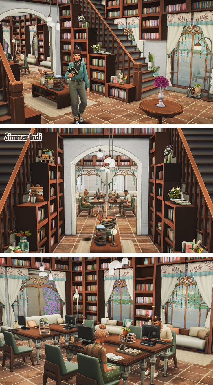 three different views of a living room with bookshelves