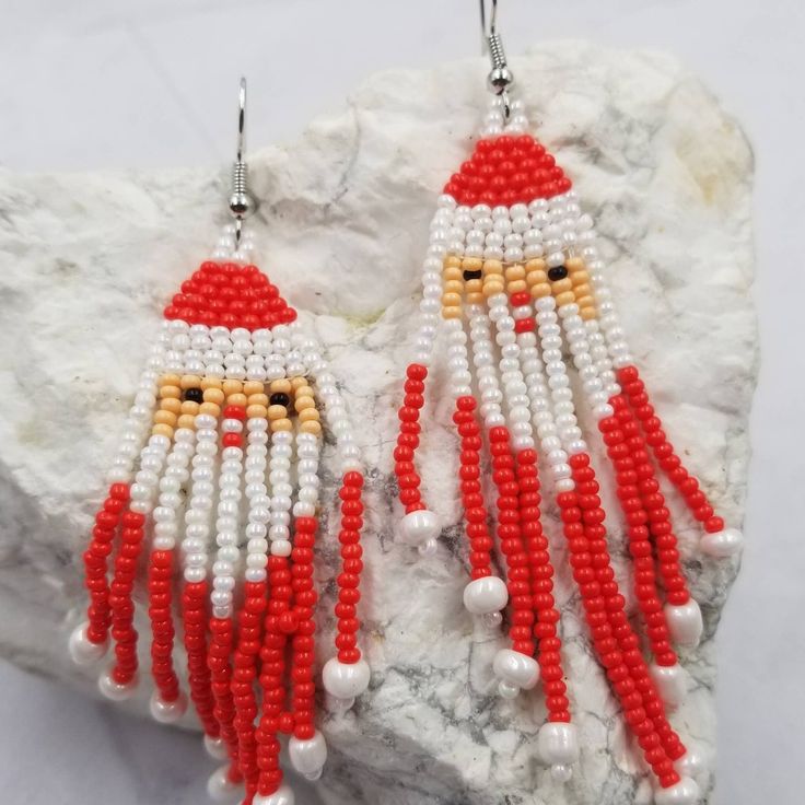 Santa Beaded Christmas Dangle Earrings Red White Santa Beaded Design Bead Fringe Size 2.2cm * 9cm Red Beaded Christmas Jewelry, Red Christmas Jewelry With Colorful Beads, Christmas Dangle Beaded Earrings With Colorful Beads, Christmas Colorful Beaded Dangle Earrings, Holiday Beaded Dangle Earrings, Holiday Red Beaded Earrings With Ear Wire, Red Beaded Earrings For Holiday With Round Beads, Red Beaded Earrings For Holiday, Christmas Red Beaded Earrings With Colorful Beads