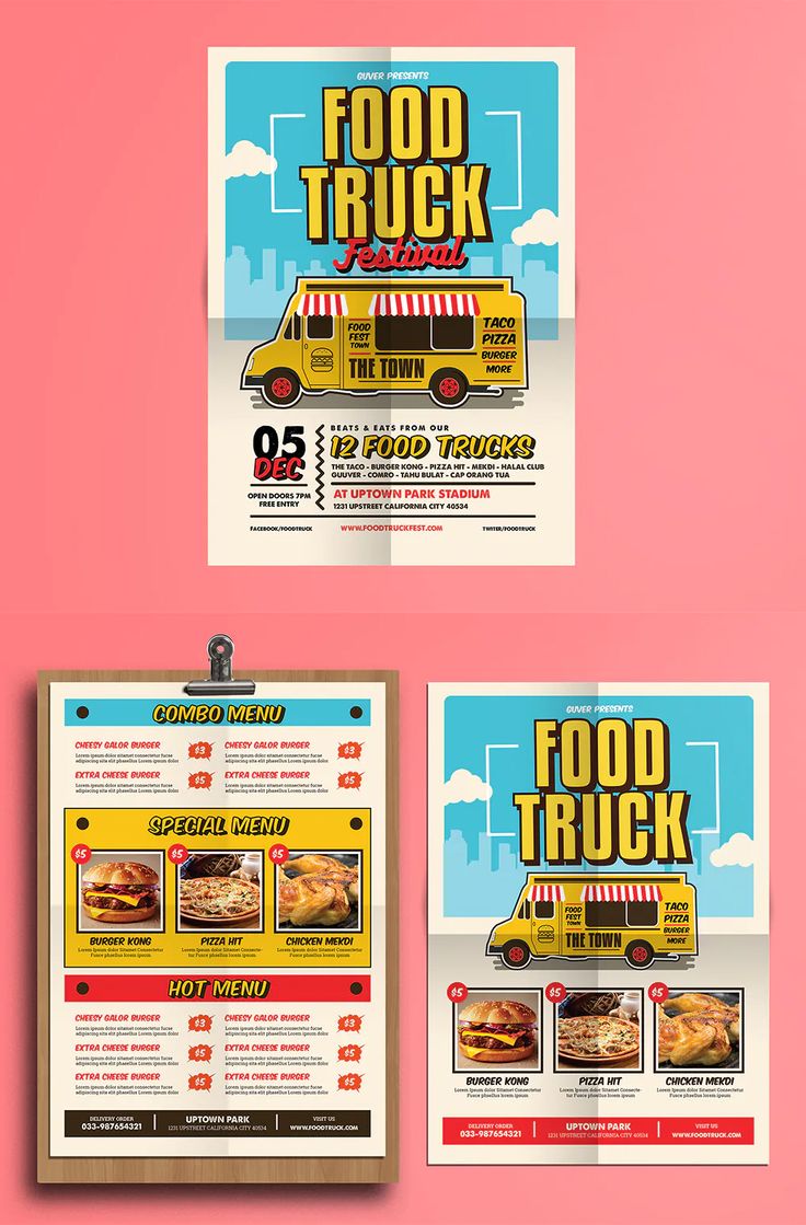 the food truck flyer is displayed on a pink background with clippings to it