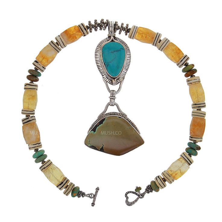 this one-of-a-kind necklace is awesome in every sense of the word chunky beads of Brazillian Citrine and natural New Mexico Turquoise inter-spaced with .925 Sterling Silver elements create a magical visual spectacle combining the antique with the modern, this artisan designer statement necklace stands out with its sheer magnificence the artist, Edward Lawrence, designed this pendant around the magnificent Turquoise centerpiece, while his wife, Diana, designed and strung the Citrine beads to crea Unique Hand-strung Pendant Jewelry, Artisan Turquoise Necklace, Artisan Turquoise Gemstone Necklace, Unique Jewelry With Natural Stones And Chrysoprase, Unique Chrysoprase Jewelry With Natural Stones, Artisan Turquoise Necklace With Natural Stones, Unique Turquoise Necklace With Natural Stones For Jewelry Making, Artisan Chrysoprase Necklaces For Jewelry Making, Bohemian Turquoise Chrysocolla Pendant Necklace