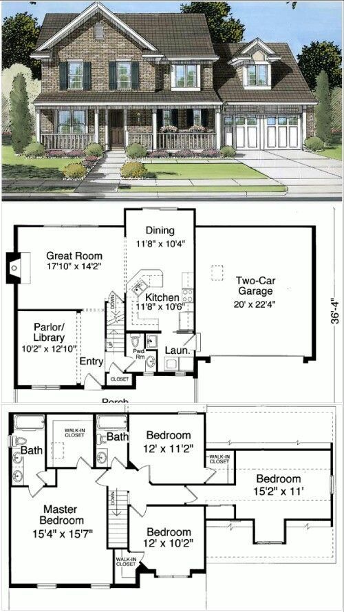 two story house plans with an open floor plan for the front and back of the house