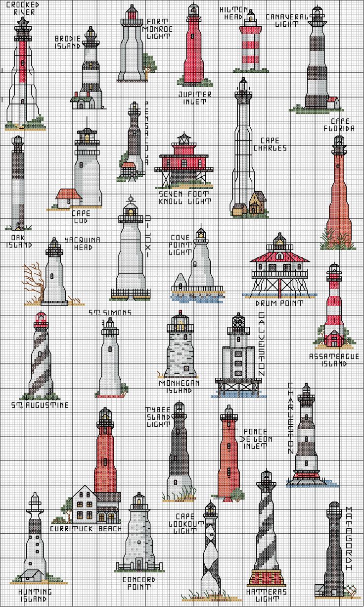 a cross stitch pattern with lighthouses on it's sides and the names of them