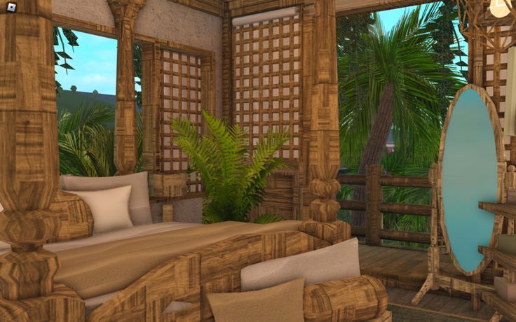 A bamboo built Filipino Bahay Kubo with realistic Tropical Scenery Bloxburg Tropical Resort, Bloxburg Tropical House, Tropical Bloxburg, Isolated Mansion, Bloxburg Resort, Hotel Bloxburg, Tropical Houses Interior, Bloxburg Cafe, Bloxburg Decor