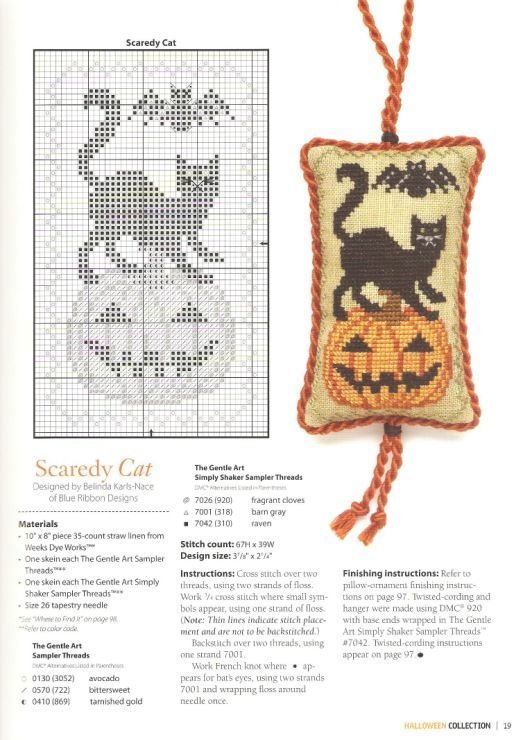 a cross stitch pattern with a cat and pumpkin on the front, and an image of a