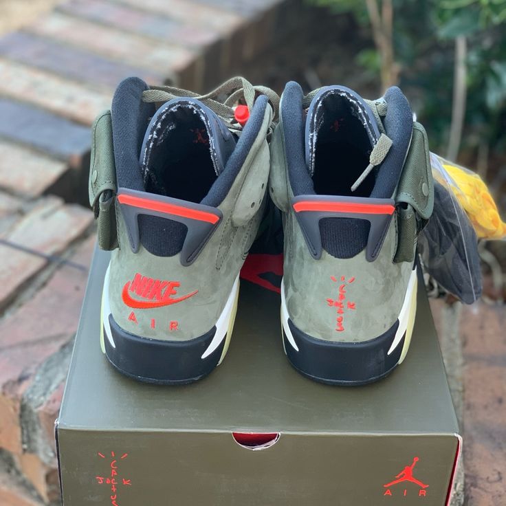 Travis Scott X Air Jordan 6 Retro Sneakers Size 10 | Men's | Olive Green Custom High-top Sneakers With Cushioned Footbed For Outdoor, Modern Low-top Custom Sneakers For Outdoor, Modern Custom Sneakers With Round Toe For Outdoor, Modern Lace-up Custom Sneakers For Outdoor, High-top Jordan Shoes With Boost Midsole For Outdoor, Modern Outdoor Lace-up Custom Sneakers, Outdoor High-top Jordan Shoes With Boost Midsole, Outdoor Sneakers With Red Sole And Round Toe, Green Sneakers With Red Sole For Sports