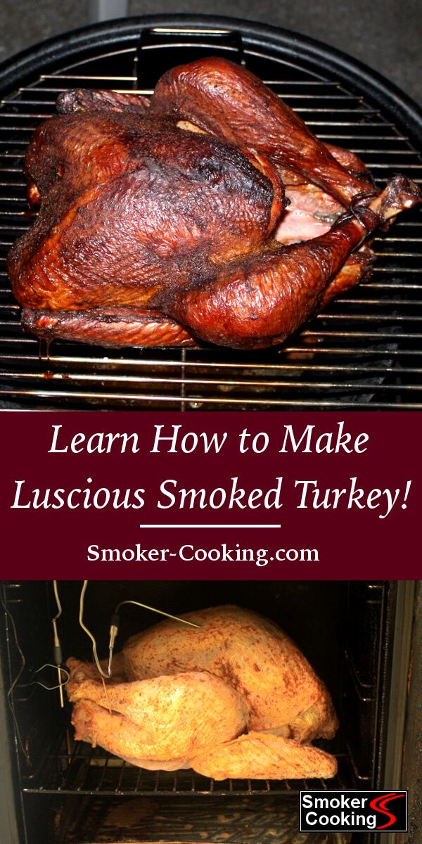 a turkey cooking in an oven with the words learn how to make luscious smoked turkey