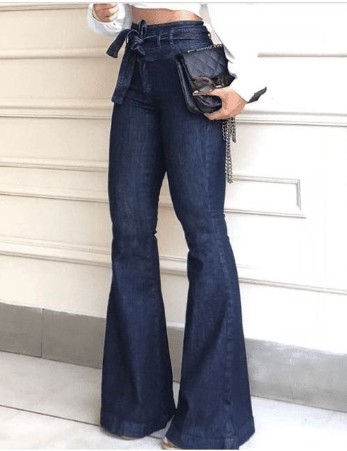 F00079637-106 Vestiti In Jeans, Wide Leg Pants Jeans, High Waist Wide Leg Jeans, Patch Jeans, Moda Jeans, Bell Bottom Pants, Dark Blue Jeans, Type Of Pants, Bell Bottom