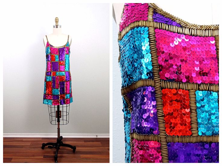 "This is an amazing vintage dress! It's fully hand embellished with bright sequins and gold glass beads in a retro color block design. SO amazing! It's in excellent condition! Measurements are taken unstretched and stretched.  Bust - 36-40\"  Waist - 36-40\"  Hips - 40-44\"  Length - 38\"  Tag Size - US 10 (please refer to measurements) This dress comes from a pet-free and smoke-free home. If you would like more info or have any questions, please don't hesitate to ask!" 90s Party Dress, Blue Sequin Mini Dress, 80s 90s Party, 90s Party, Dress Retro, 80s Dress, Vintage Beaded Dress, Glitz And Glam, Sequin Mini