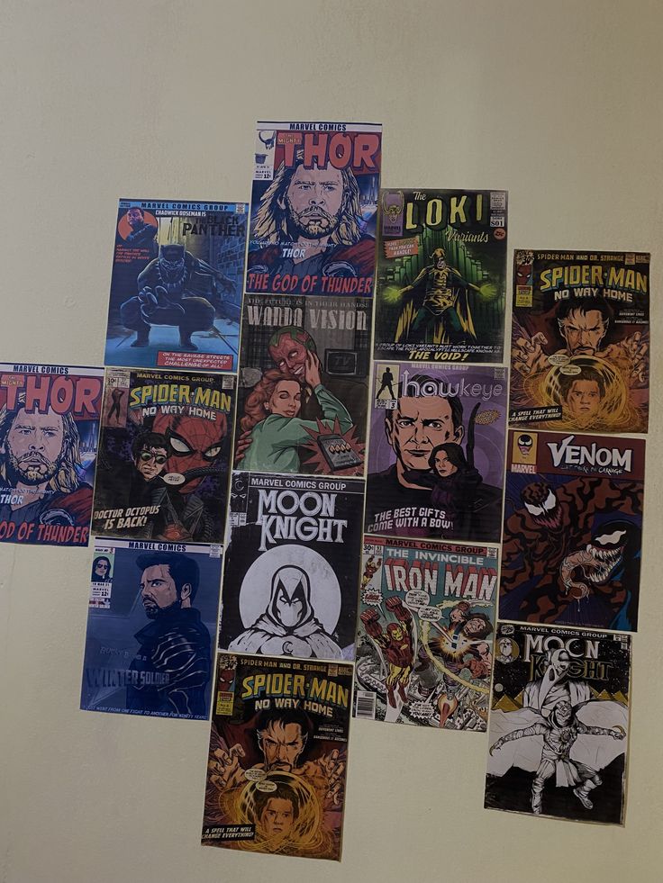 a bunch of comics are hanging on the wall