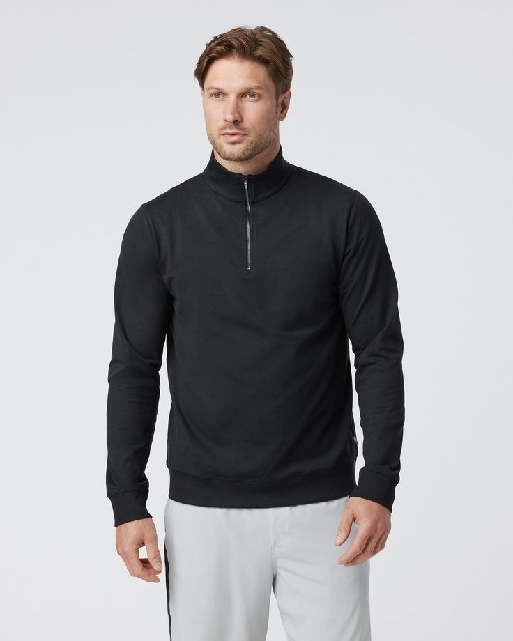 Warm it up. From daily train rides to tee times, the Coronado Half Zip men's pullover hits just right as a mid- or outer-layer. Made with a performance 4-way stretch knit from over 89% post-consumer recycled polyester, this one offers moisture-wicking capabilities and a brushed interior.Looking for a lightweight version? Try our DreamKnit™ Ponto Performance Crew | Vuori Coronado Half Zip Jacket | Black Heather | XXL Vuori makes premium performance apparel inspired by the active Coastal Californi Coastal California, Half Zip Jacket, Men's Pullover, Train Rides, Performance Outfit, Pullover Men, Zip Jacket, Grey Sweatshirt, S Models