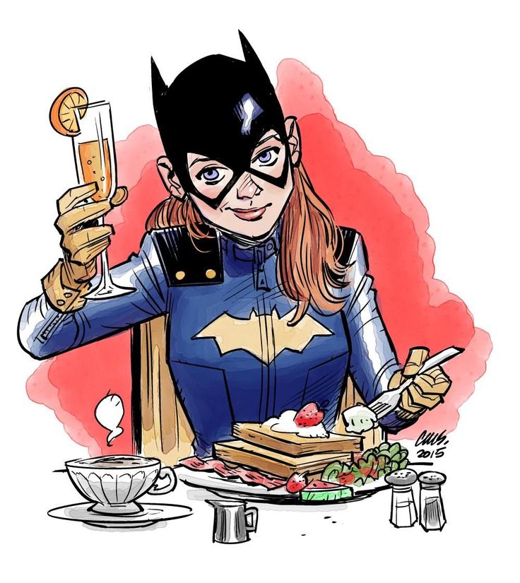 a drawing of a woman dressed as batgirl holding up a drink and eating cake