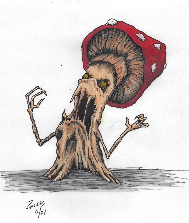 a drawing of a mushroom with an evil look on it's face and arms