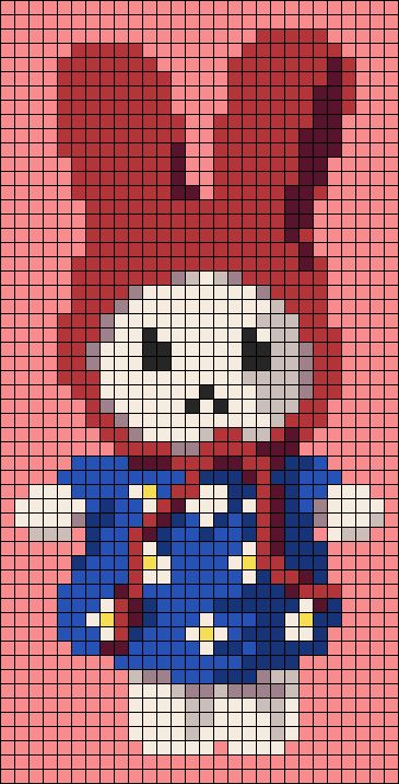 a cross stitch pattern with a teddy bear wearing a red hat and blue dress, standing in front of a pink background