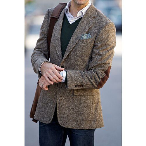 Season:Fall  Winter; Fabric:Tweed; Sleeve Length:Long Sleeve; Look After Me:Machine wash; Gender:Men's; Style:Vintage,Casual; Elasticity:Micro-elastic; Occasion:Daily,Office; Outerwear Length:Regular; Fit Type:Tailored Fit; Pattern:Herringbone; Design:Basic; Neckline:Notch Collar; Outerwear Type:Blazer Jacket; Listing Date:10/31/2023; Bust:; Length:; Shoulder Width:; Sleeve:; Jacket Buttons:Single Breasted Two-buttons Tweed Jacket Elbow Patches Men, Tweed Blazer Outfit Men, Tweed Blazer Men, Tweed Jacket Men, Outfits For The Office, Tweed Jacket Outfit, Elbow Patch Blazer, Brown Tweed Blazer, Blazer Outfits Men