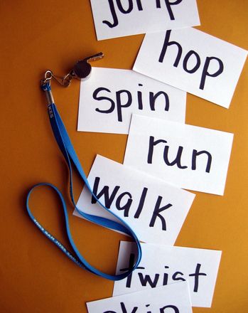 several pieces of paper with words written on them, including jump, hop, spin, run and walk