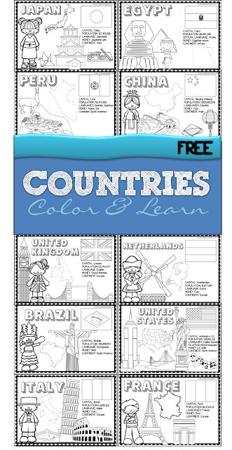 the free coloring page for countries is shown in blue and white with text that reads,