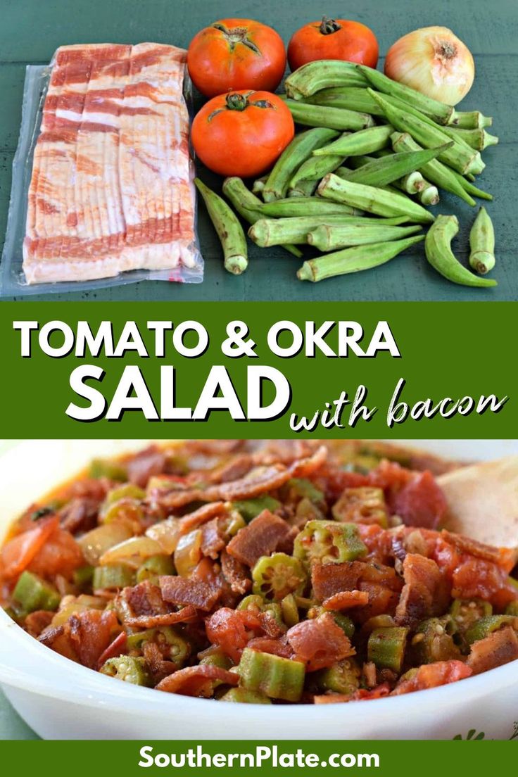 tomato and okra salad with bacon in a white bowl on a green tablecloth