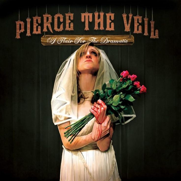 a woman holding flowers in her hands with the words pierce the veil above her head