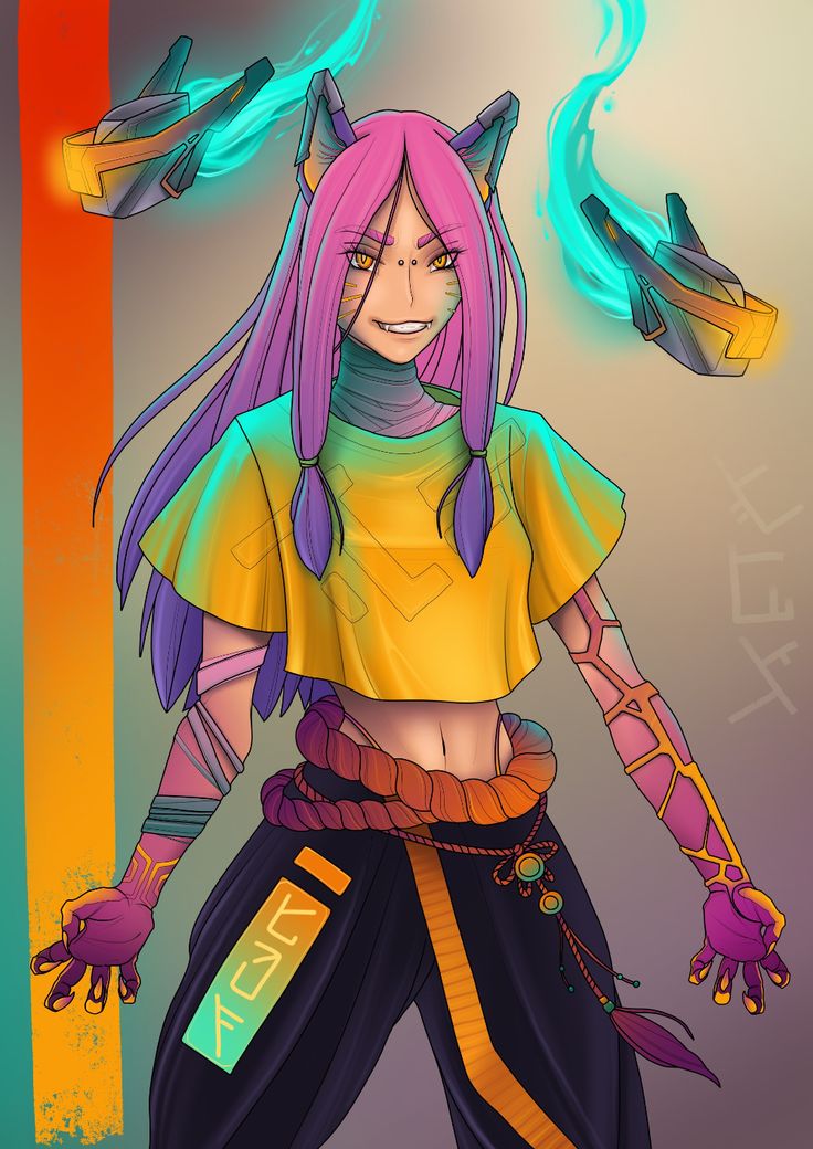 a drawing of a woman with pink hair and purple hair wearing yellow shirt, black pants and