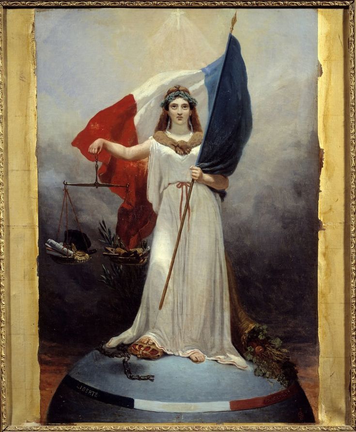 a painting of a woman holding an american flag and standing on a pedestal in front of a sky background