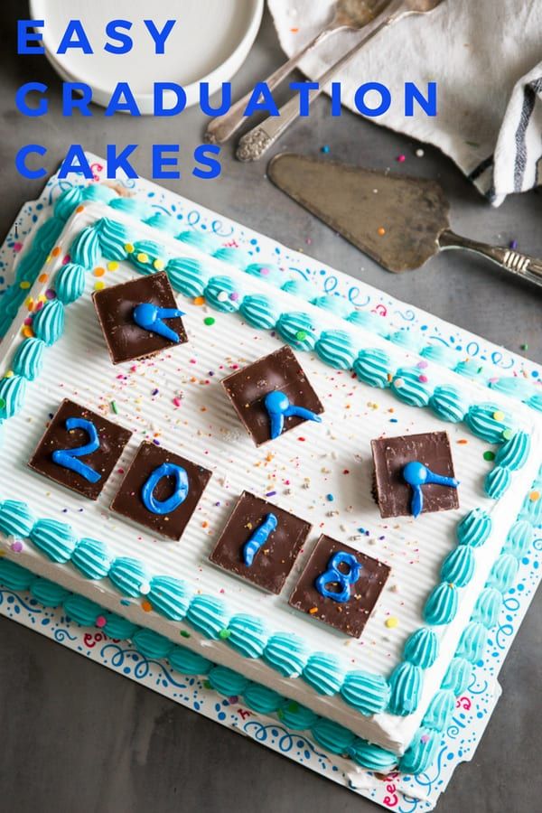 a birthday cake with chocolate frosting and blue icing that says easy graduation cakes