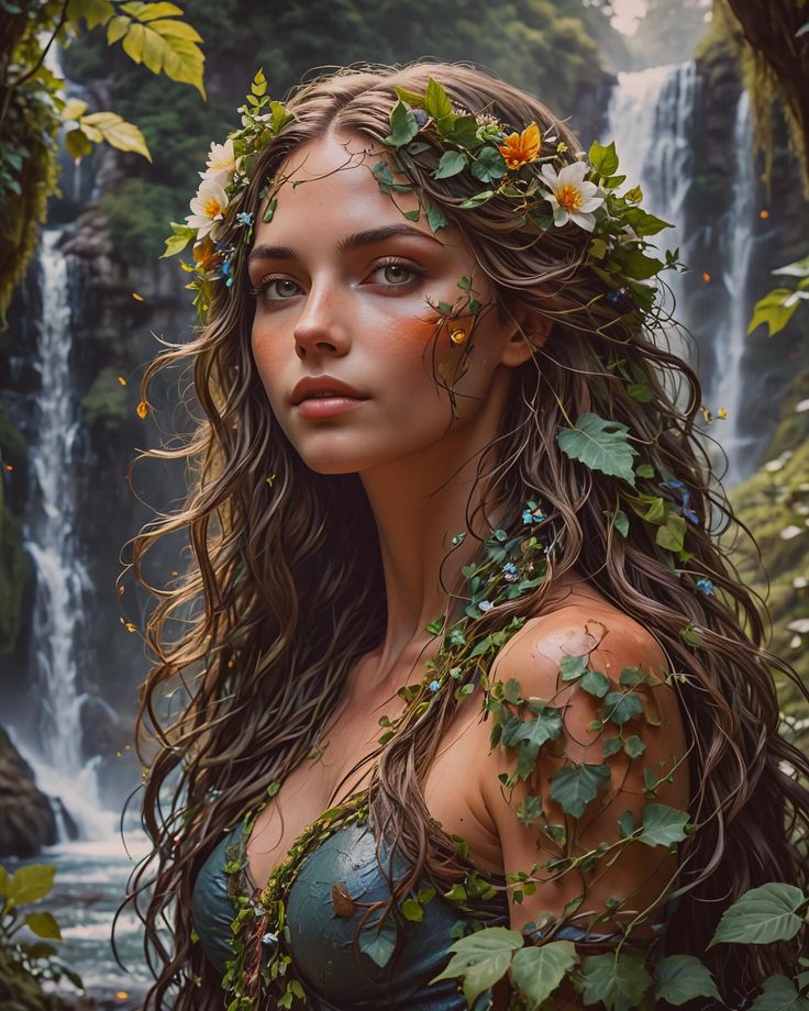 a beautiful woman with flowers in her hair standing next to a waterfall and holding leaves