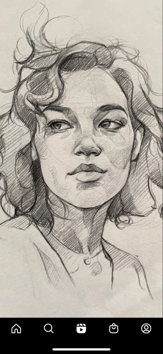 a pencil drawing of a woman's face with curly hair and eyeshade