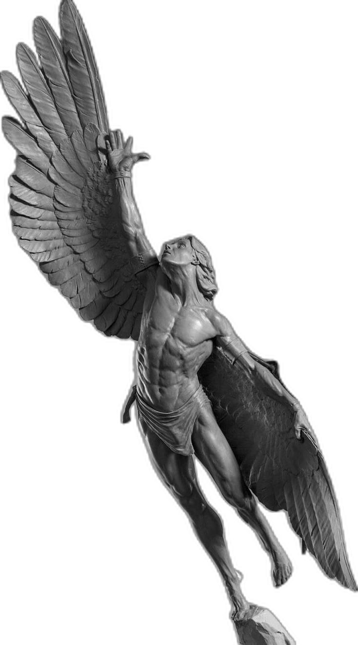 a statue of a man with wings flying through the air