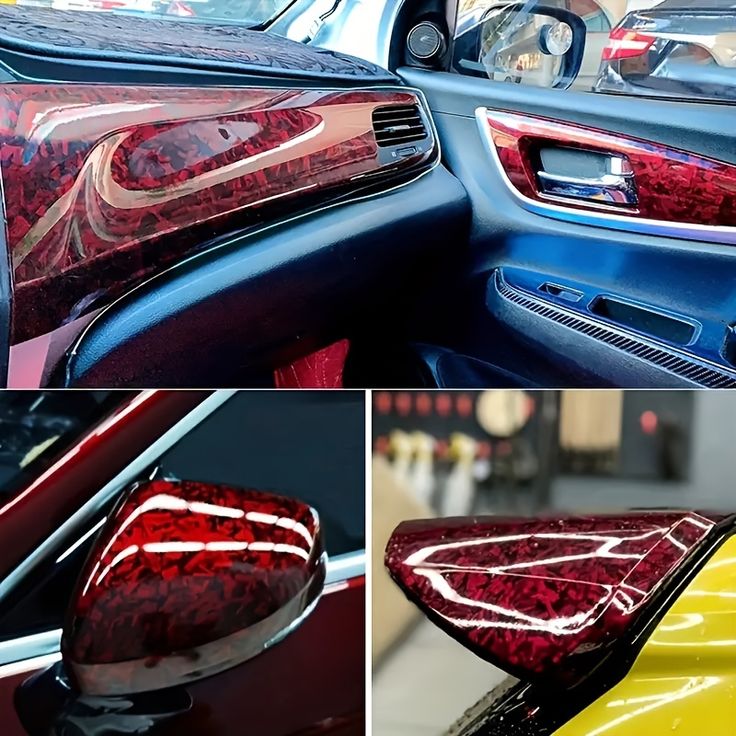 the interior of a car with red and yellow accents