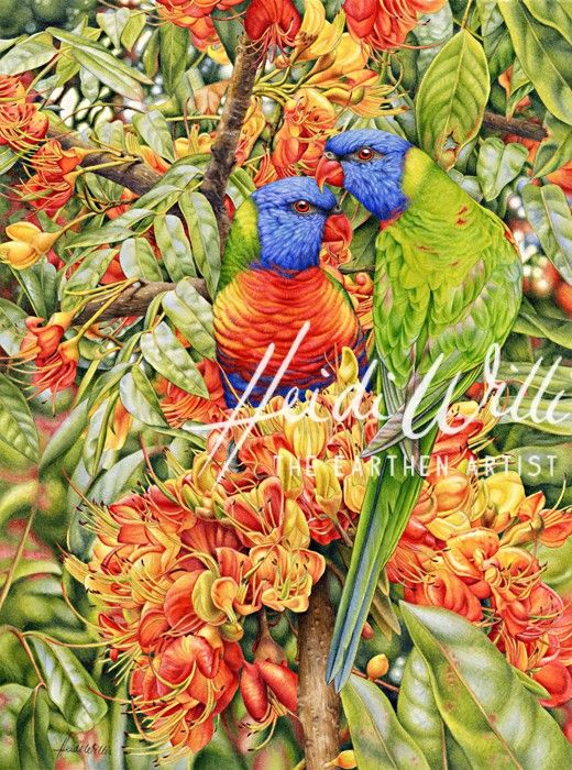 two colorful birds sitting on top of a tree filled with red and yellow flowers next to green leaves