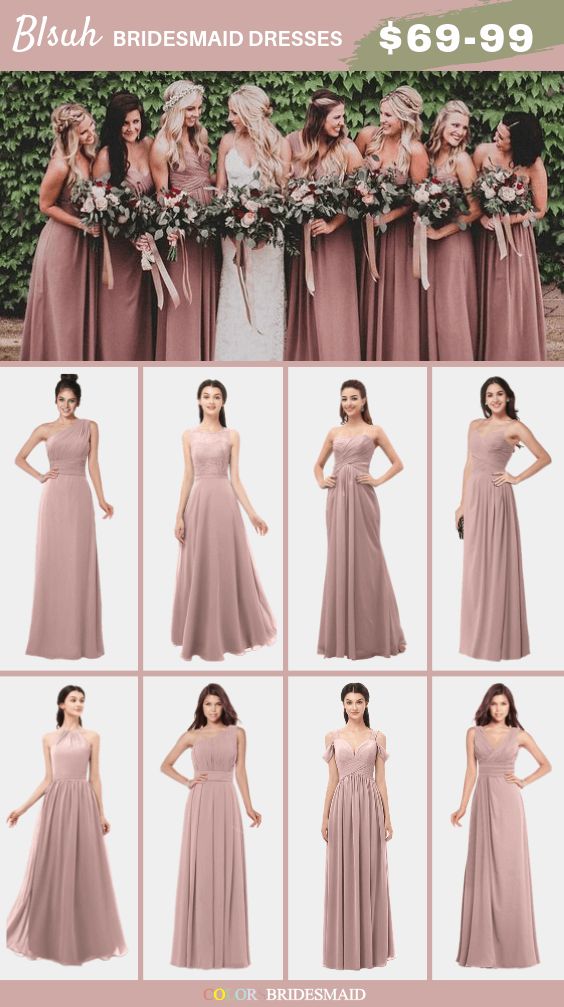 the bridesmaid dresses are in different styles and colors, but not all pink