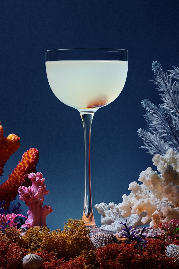 a glass filled with liquid sitting on top of a table next to some corals