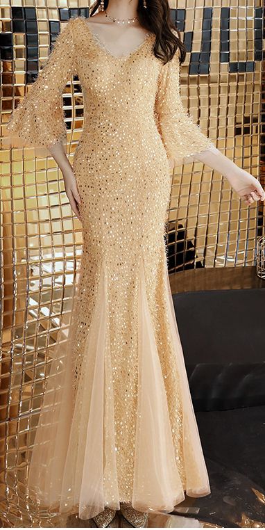 Gold Glamorous Mermaid Dress For Banquet, Glamorous Gold Mermaid Dress For Banquet, Gold Mermaid Dress With Sweep Train, Gold Mermaid Dress With Sweep Train Floor-length, Gold Floor-length Mermaid Dress For Prom, Gold Floor-length Mermaid Dress With Sweep Train, Gold Mermaid Hem Dress For Prom Season, Gold Mermaid Dress For Wedding And Prom Season, Glamorous Gold Mermaid Dress For Prom Season