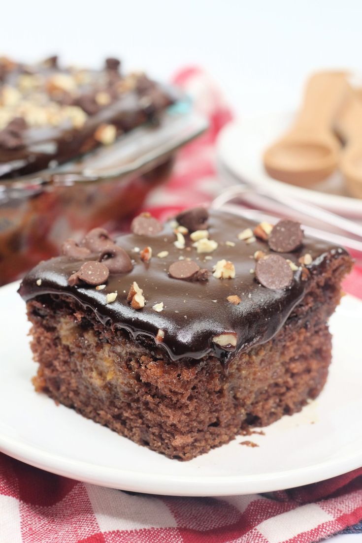 a piece of chocolate cake on a white plate