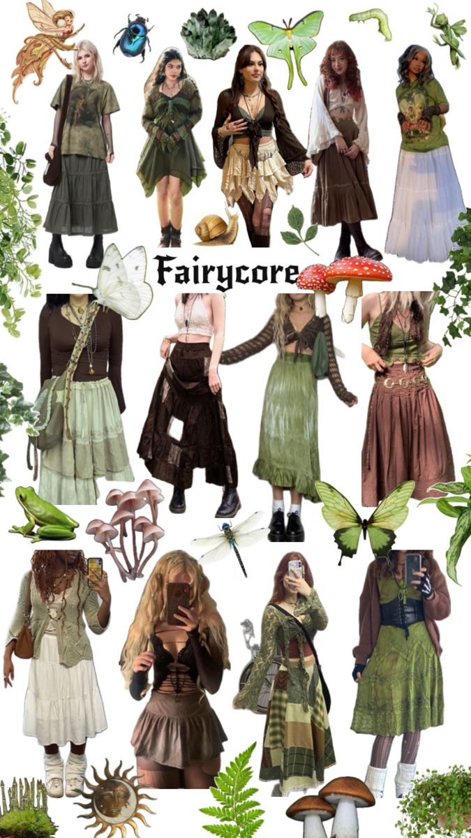 Fairy fashion fairycore outfit fairy grunge aesthetic butterfly fairy mushroom Luna moth plants goblin magic Modern Fairycore Outfits, Garden Fairy Core Outfits, Clothes Nature Aesthetic, Earthy Core Aesthetic, Fairy Core Clothes Grunge, Indie Fairy Outfits, Simple Fairy Core Outfits, Earthy Fantasy Outfits, Forest Fairy Core Outfits