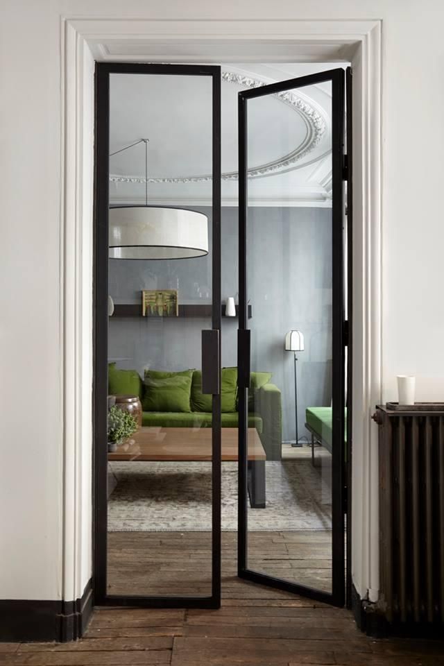 streamlined-steel-french-Interior-double-door-interior-no-threshold-cifd-in015-1-lite-square-transom Pintu Interior, Steel French Doors, Glass Door Design, Doors Indoor, Aluminum Door, Door Glass Design, Glass Doors Interior, Open Door, Pantry Door